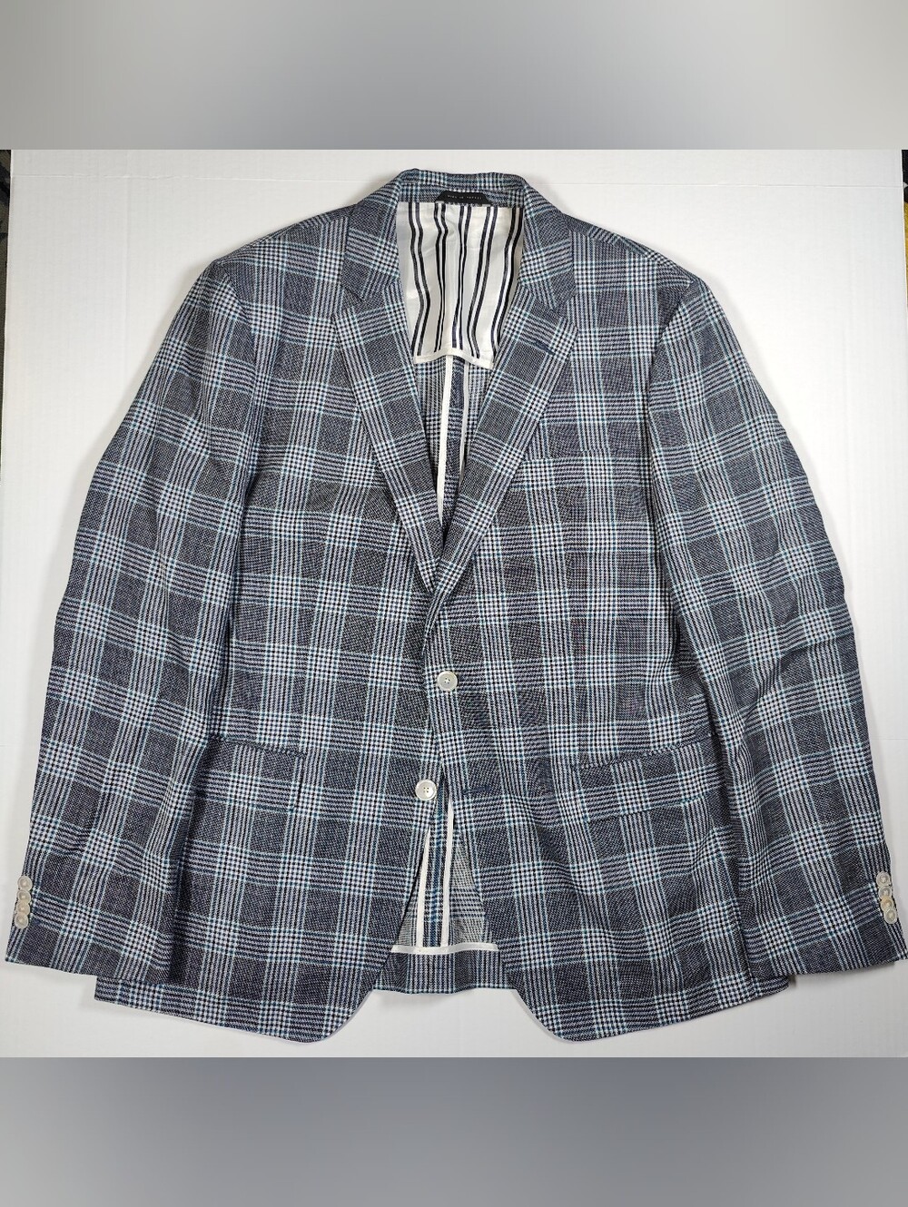 Hugo Boss Landicio Bella Tesse 60% Wool 40% Linen Blue Gray Plaid Blazer Sz 46